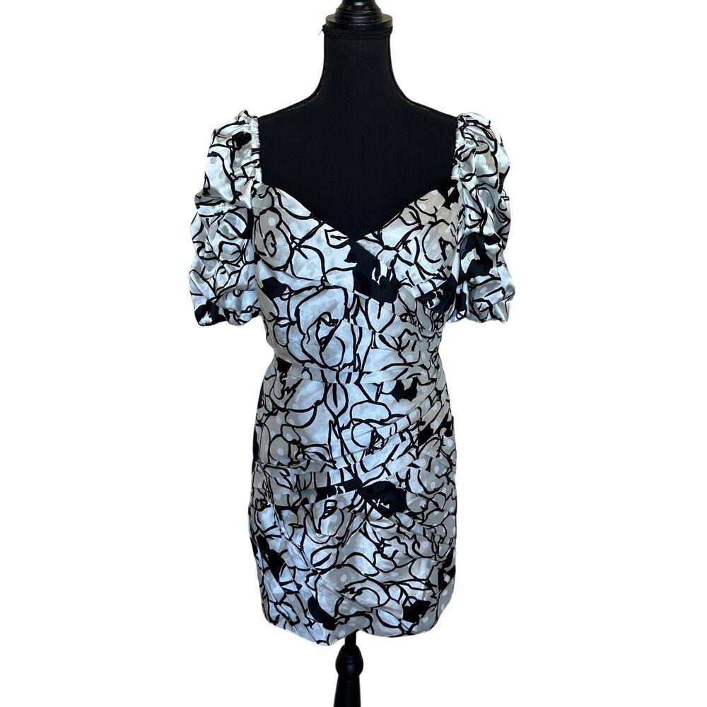 Ronny Kobo Black Floral Mini Dress Size 12 Puff Sleeve Ruche Party Designer $370 - Picture 9 of 12